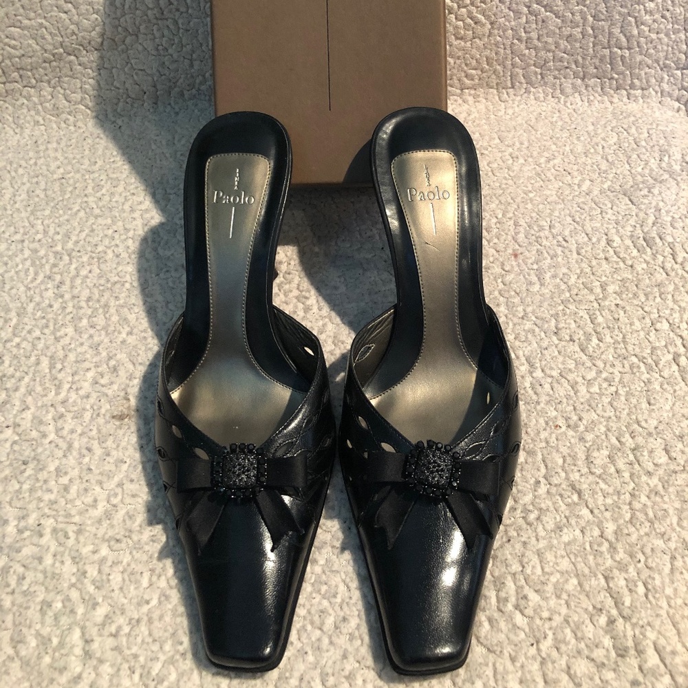 Dressy black leather mule heels